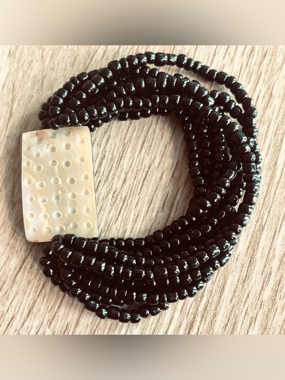 Vintage Black Multi-Strand Beaded Bracelet with Mother-of-Pearl Accent